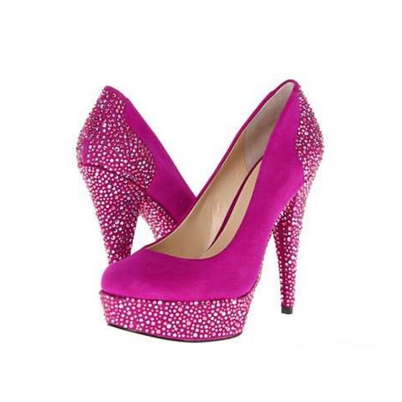 Enzo Angiolini Dark Pink Fuchsia Platform High Stiletto Heels with Rhinestones - Picture 1 of 8